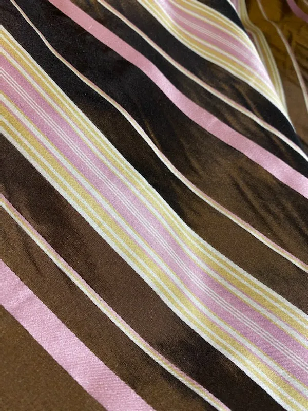 NEW Lady Grace Designer 100% Silk Taffeta - Chocolate Brown with Pink & Yellow Stripes