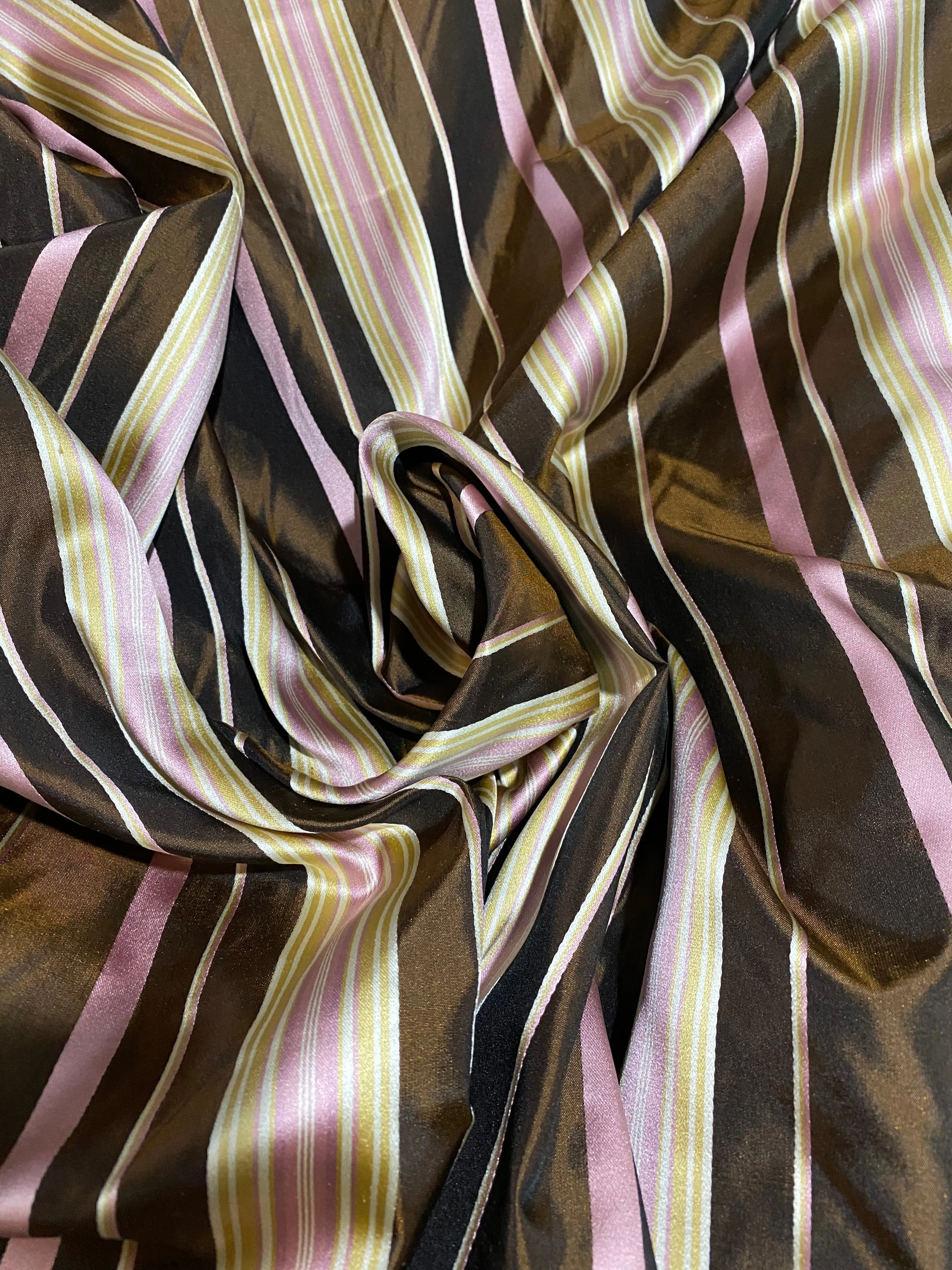 NEW Lady Grace Designer 100% Silk Taffeta - Chocolate Brown with Pink & Yellow Stripes