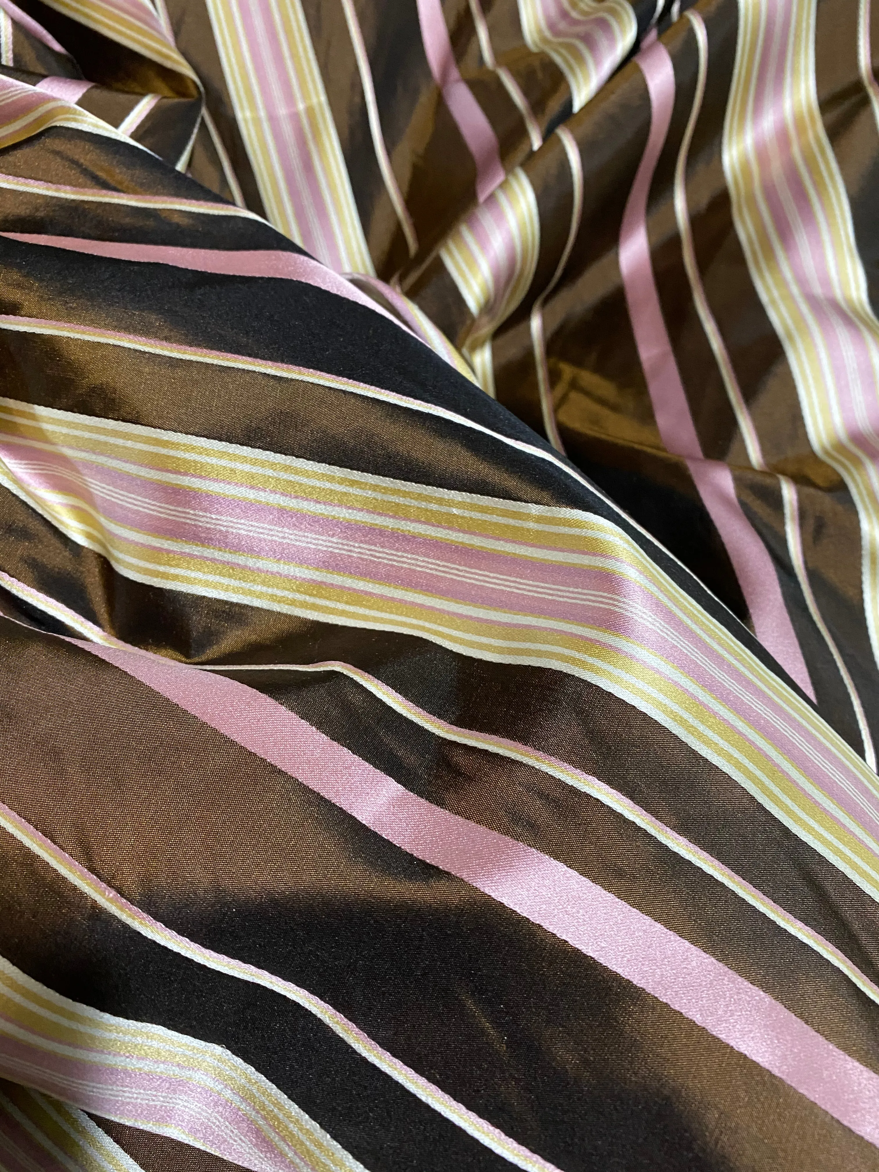 NEW Lady Grace Designer 100% Silk Taffeta - Chocolate Brown with Pink & Yellow Stripes