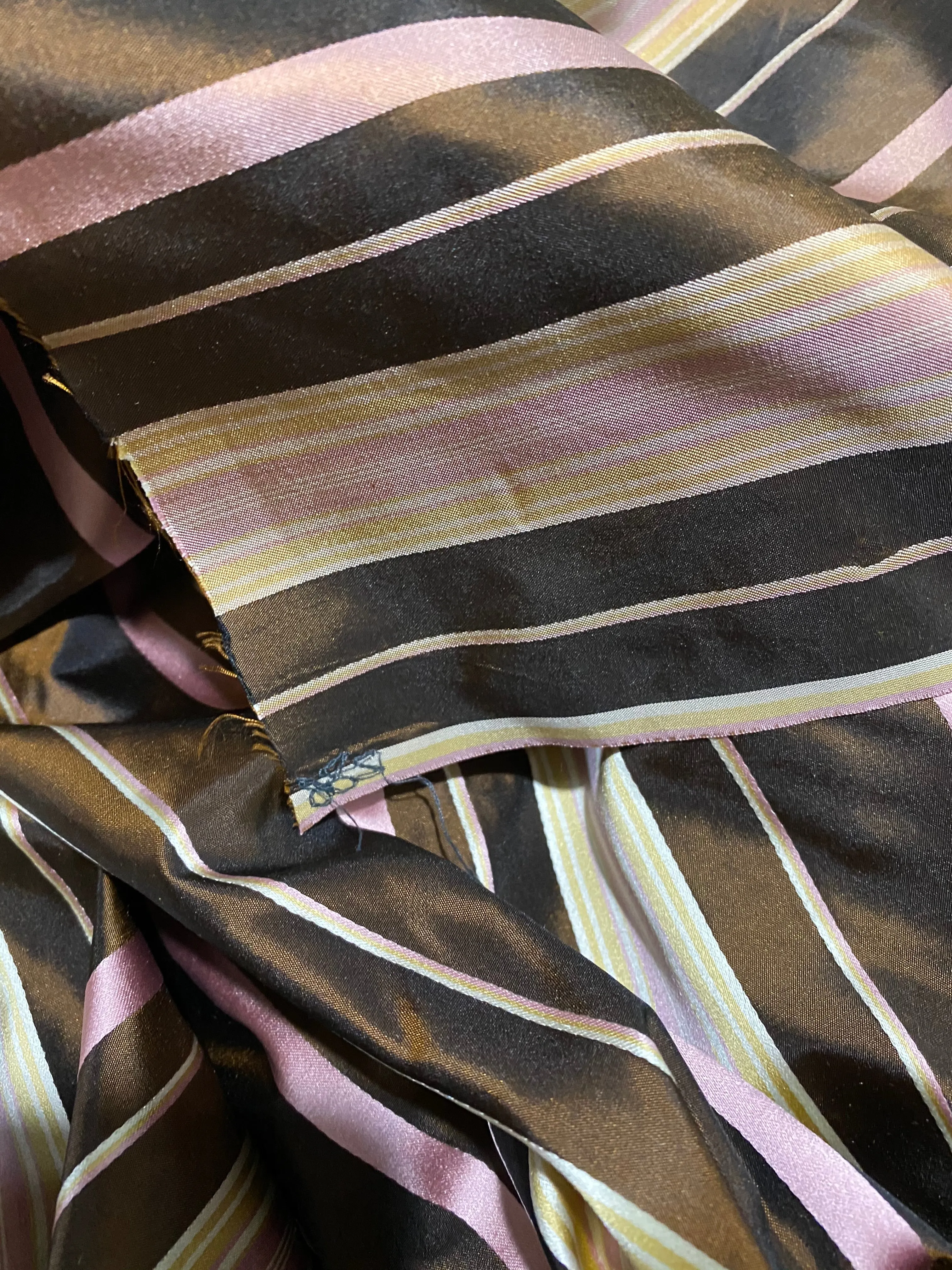 NEW Lady Grace Designer 100% Silk Taffeta - Chocolate Brown with Pink & Yellow Stripes