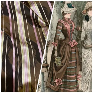 NEW Lady Grace Designer 100% Silk Taffeta - Chocolate Brown with Pink & Yellow Stripes