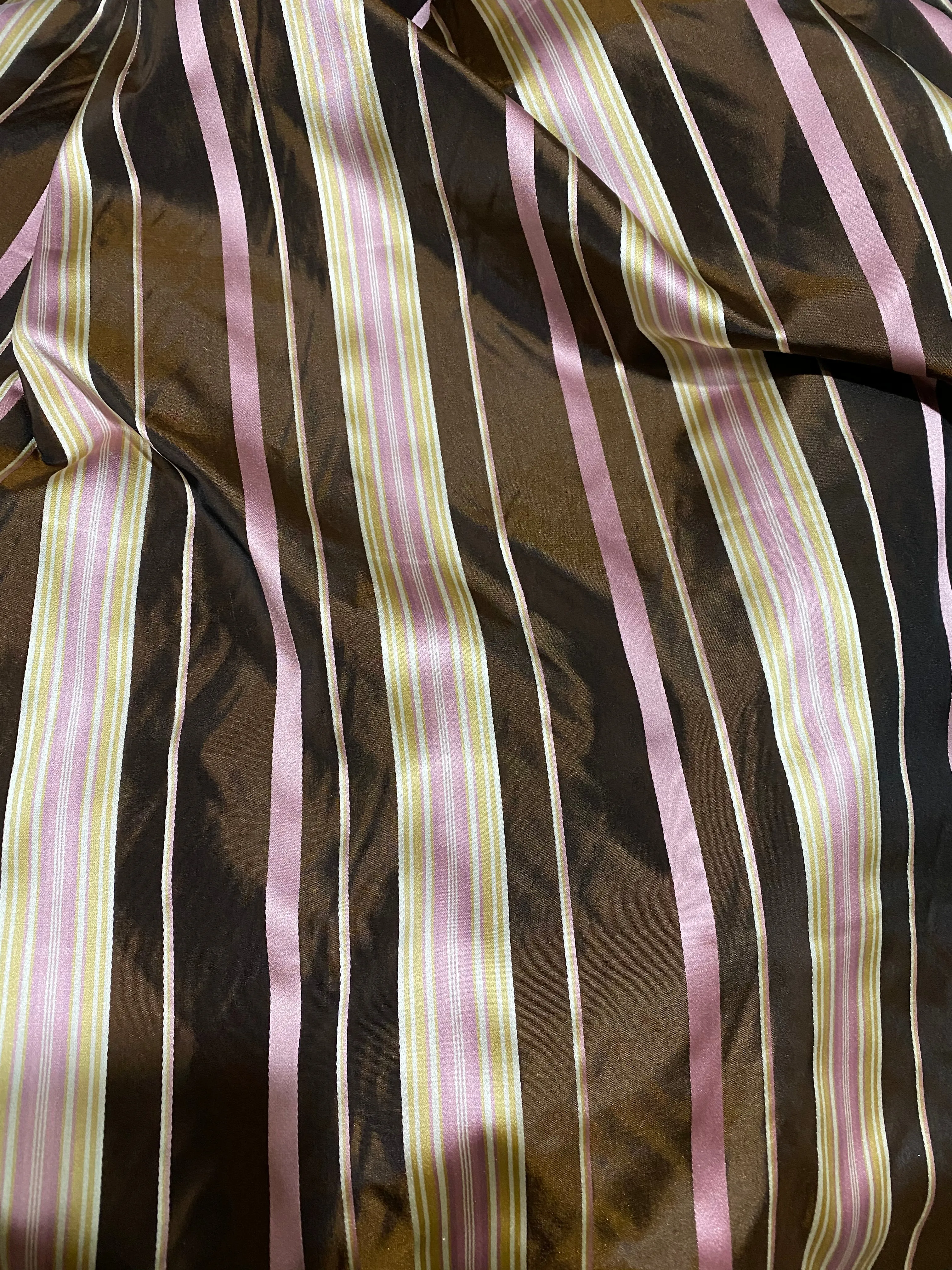 NEW Lady Grace Designer 100% Silk Taffeta - Chocolate Brown with Pink & Yellow Stripes