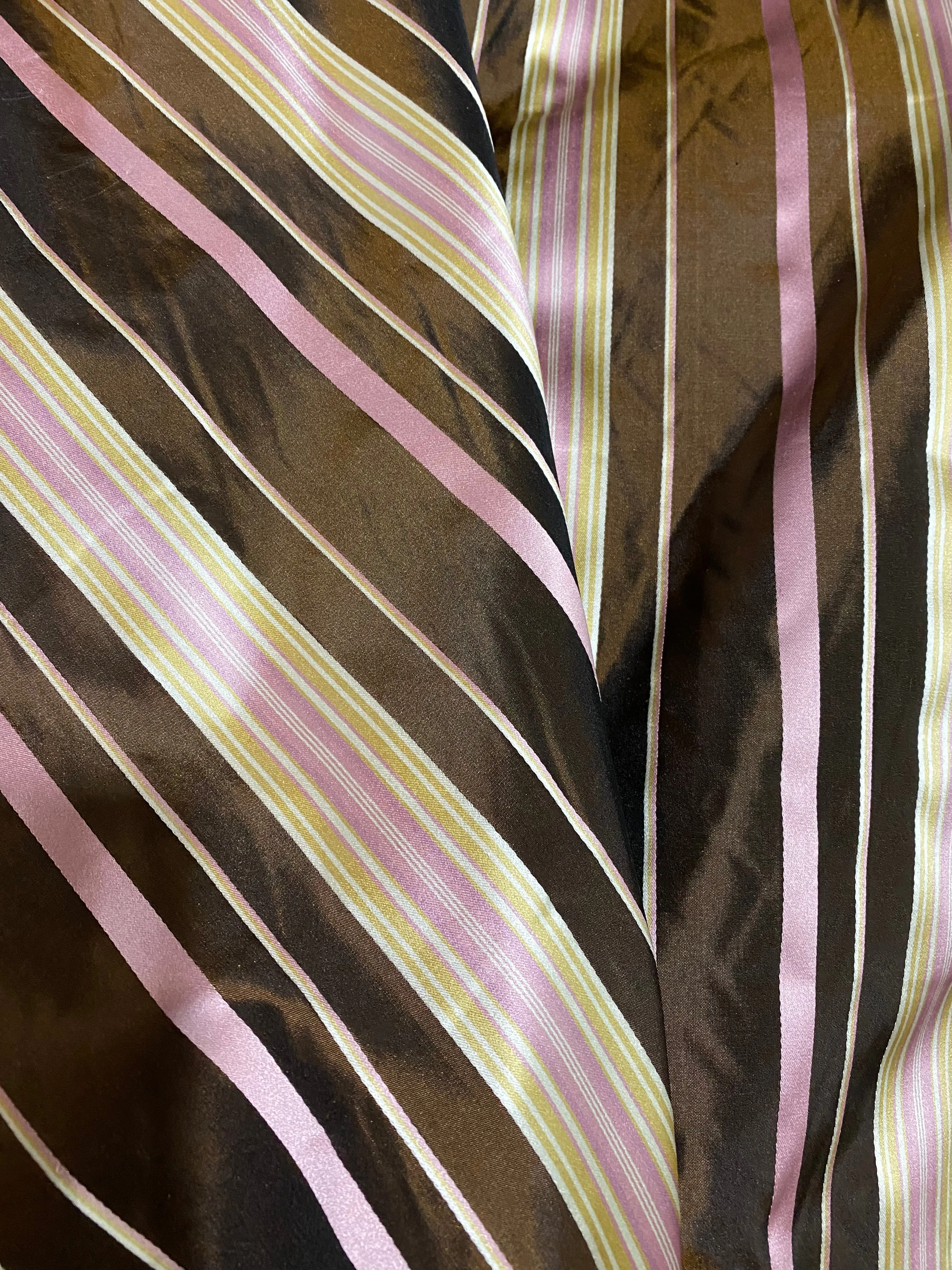 NEW Lady Grace Designer 100% Silk Taffeta - Chocolate Brown with Pink & Yellow Stripes