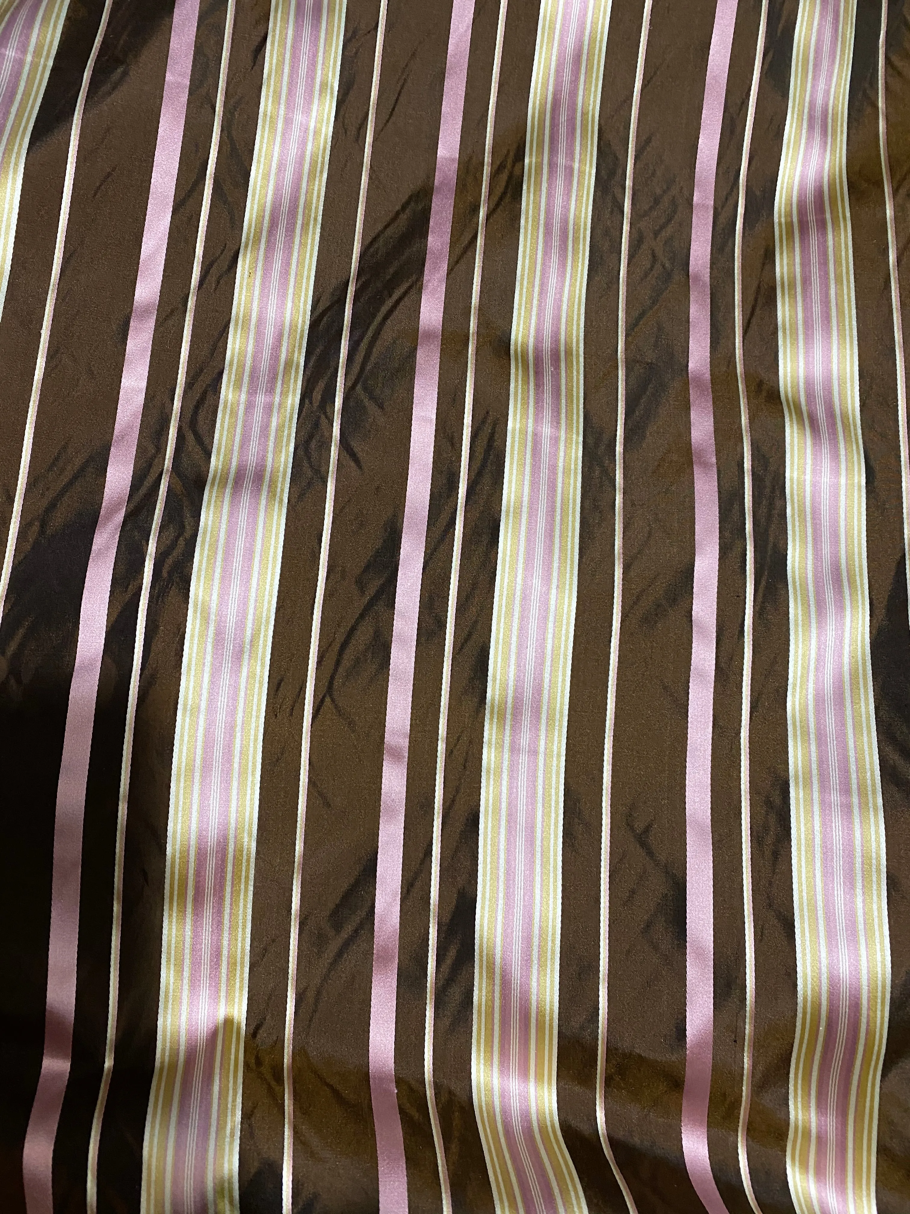 NEW Lady Grace Designer 100% Silk Taffeta - Chocolate Brown with Pink & Yellow Stripes