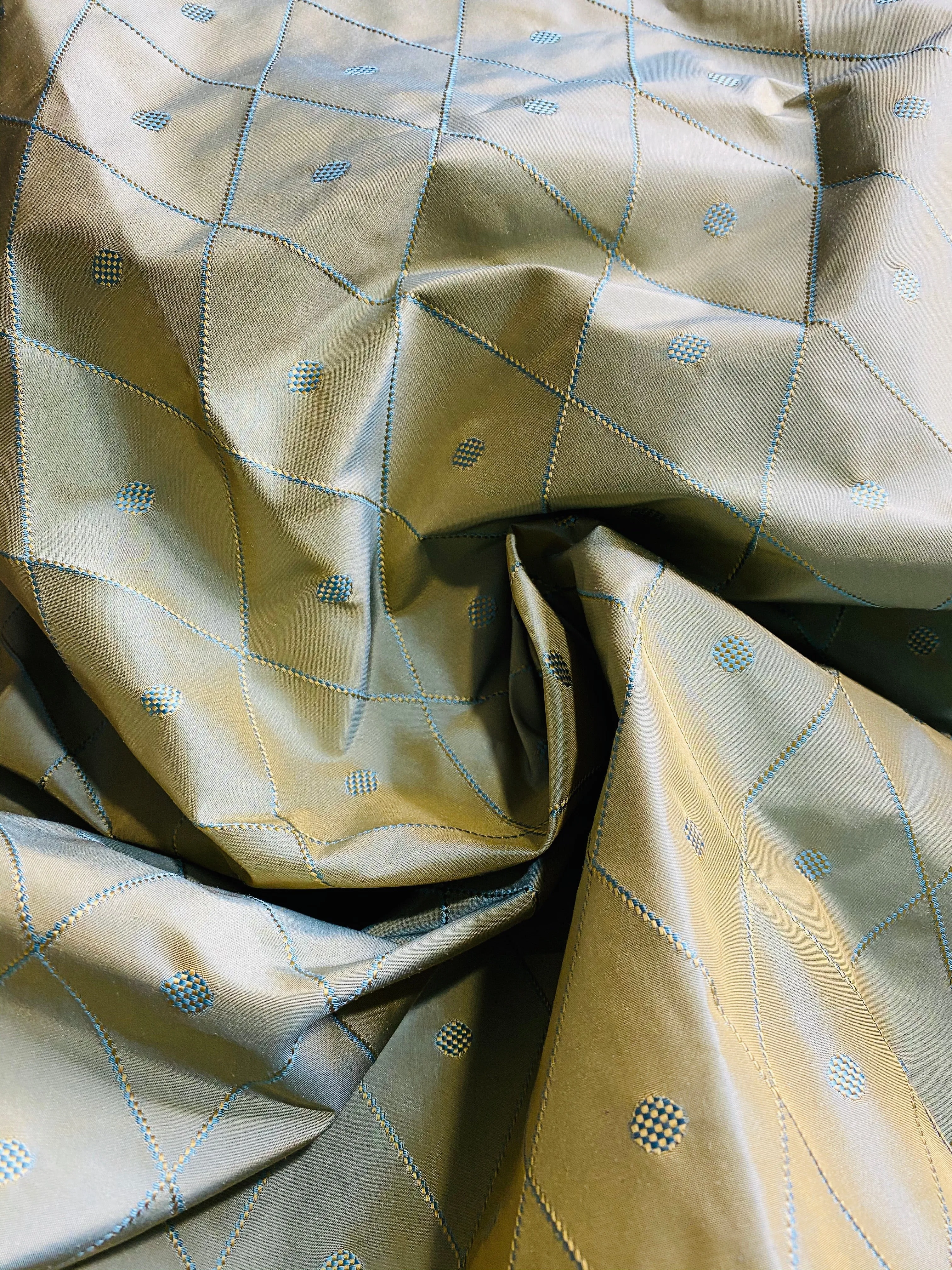 NEW Princess Mia 100% Silk Duck Egg Blue Embroidered Diamond Motif Taffeta Fabric with Peach Iridescent