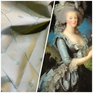 NEW Princess Mia 100% Silk Duck Egg Blue Embroidered Diamond Motif Taffeta Fabric with Peach Iridescent