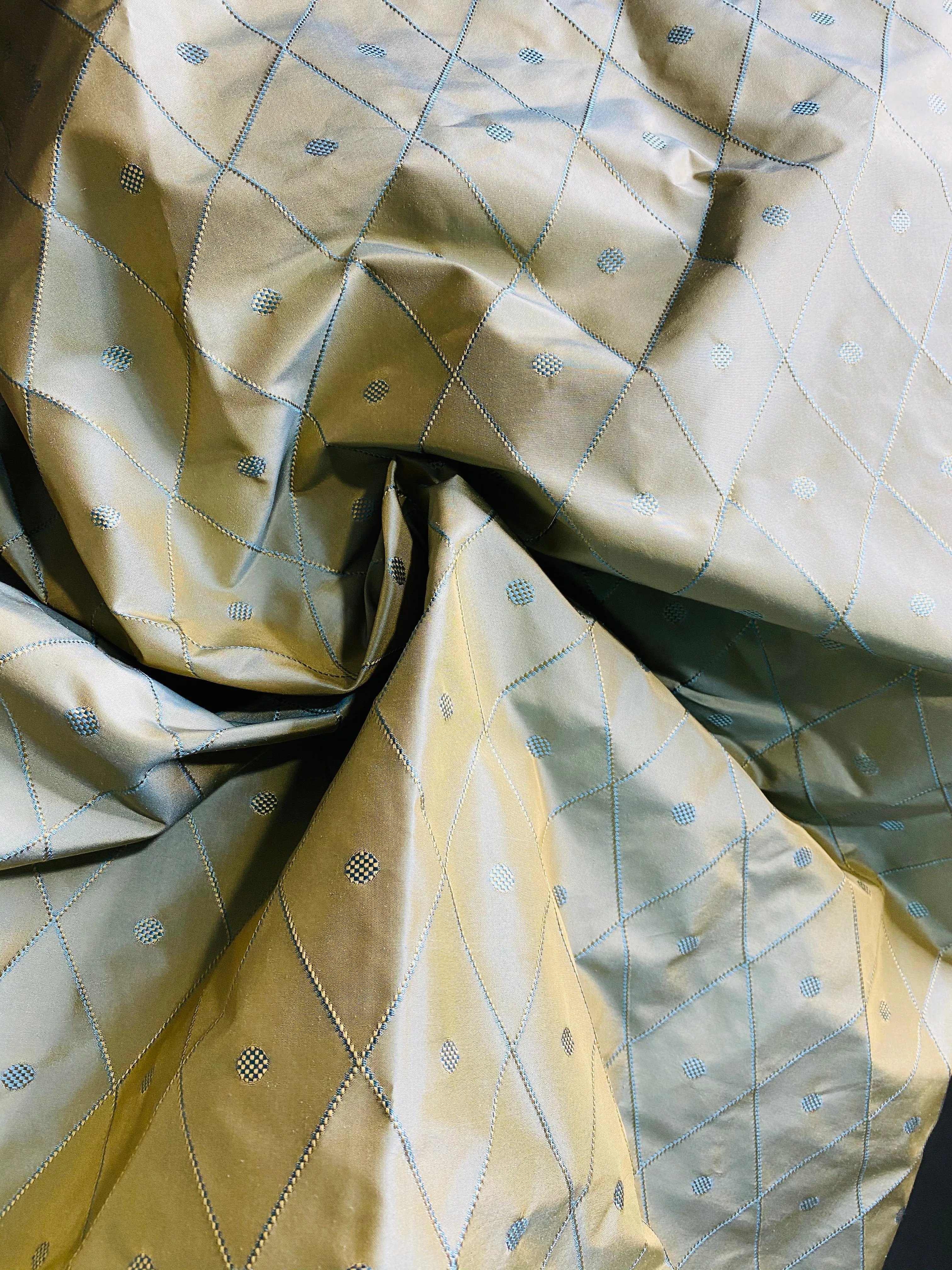 NEW Princess Mia 100% Silk Duck Egg Blue Embroidered Diamond Motif Taffeta Fabric with Peach Iridescent