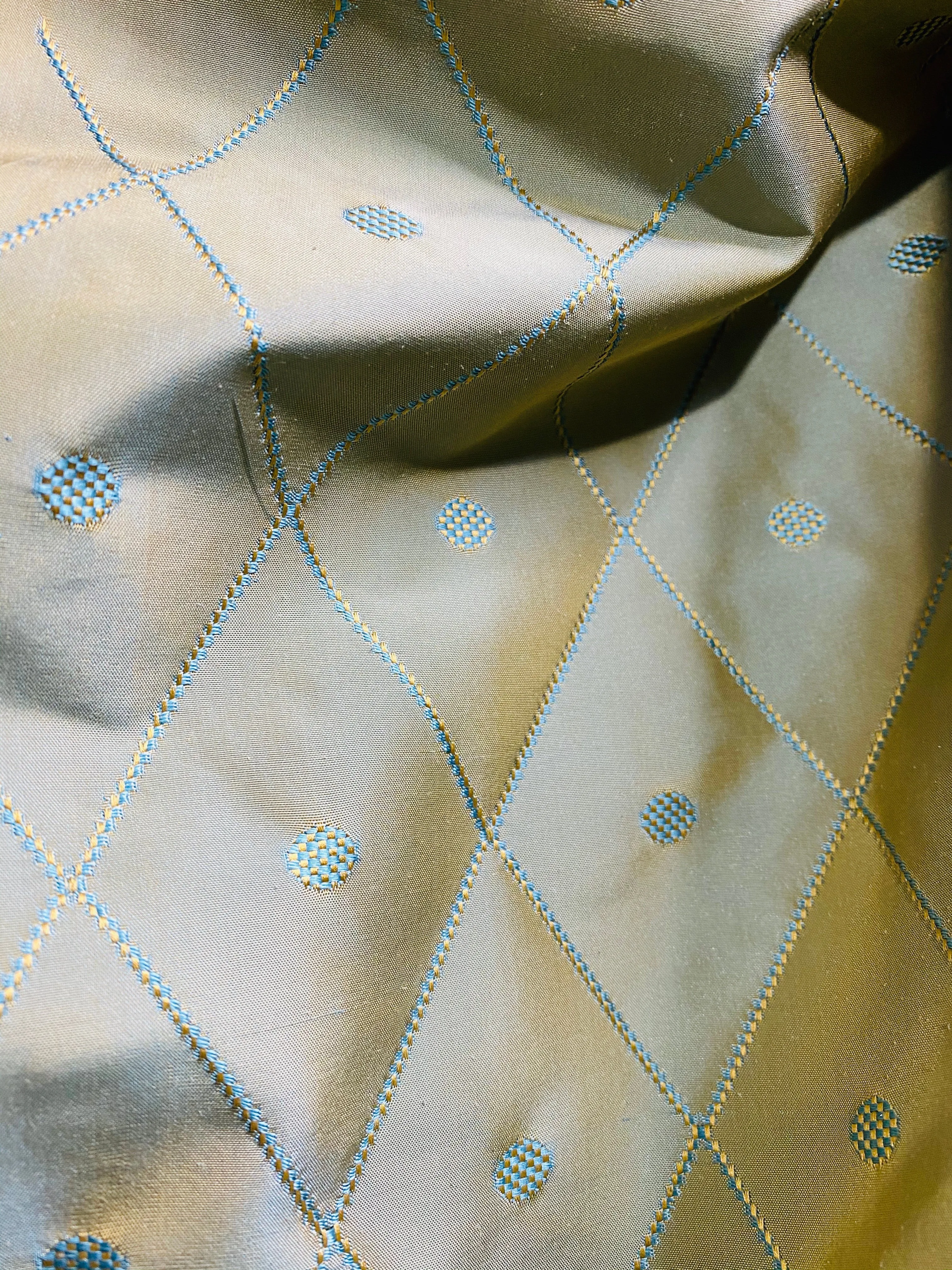 NEW Princess Mia 100% Silk Duck Egg Blue Embroidered Diamond Motif Taffeta Fabric with Peach Iridescent