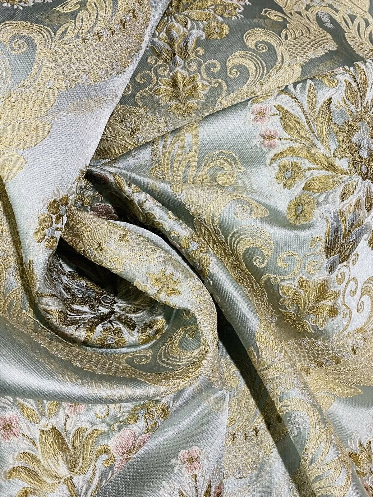 NEW Queen Antionette Novelty Ritz Neoclassical Brocade Medallion Floral Satin Fabric - Louis Blue