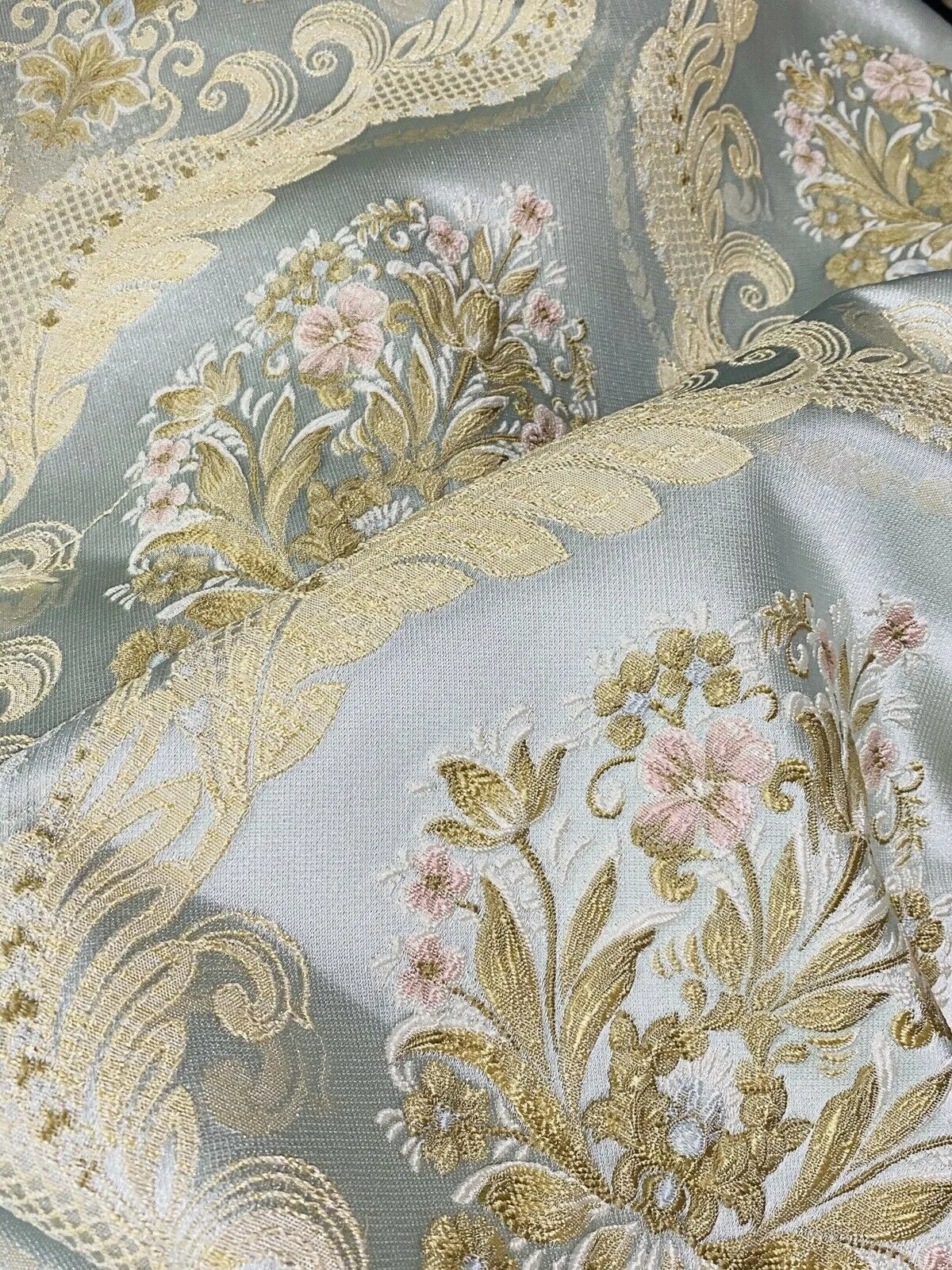 NEW Queen Antionette Novelty Ritz Neoclassical Brocade Medallion Floral Satin Fabric - Louis Blue