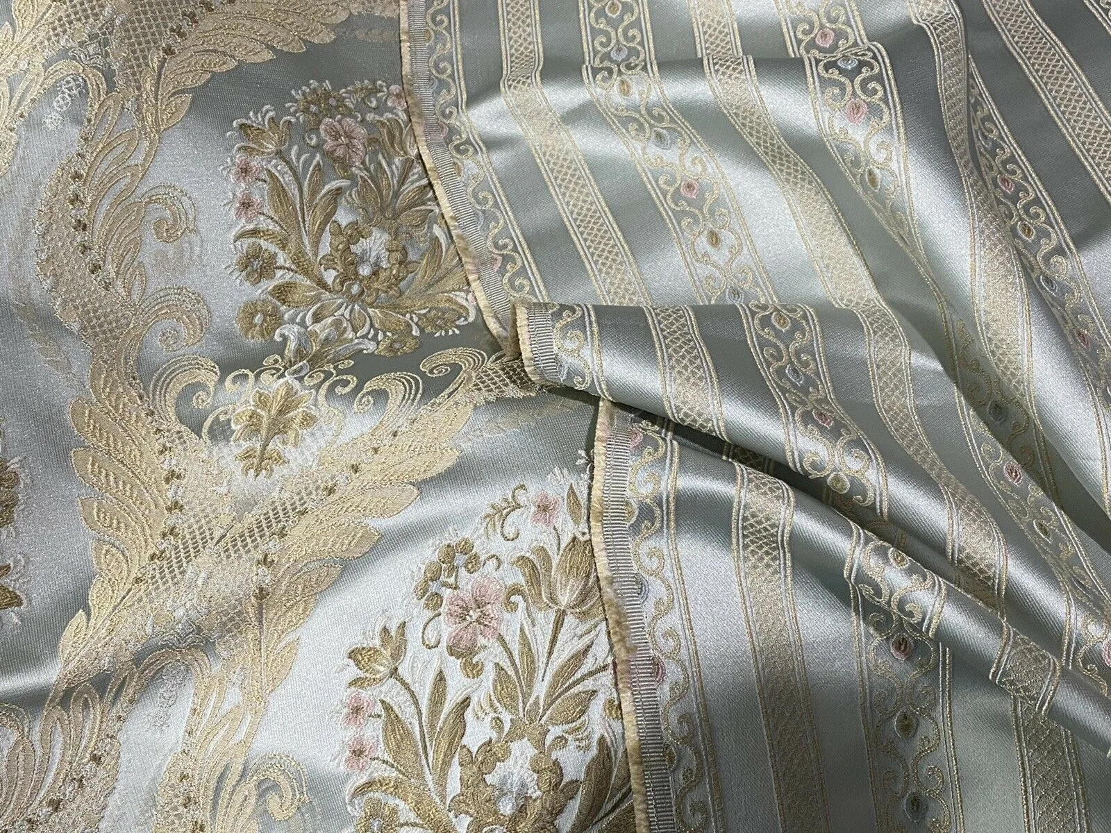 NEW Queen Antionette Novelty Ritz Neoclassical Brocade Medallion Floral Satin Fabric - Louis Blue