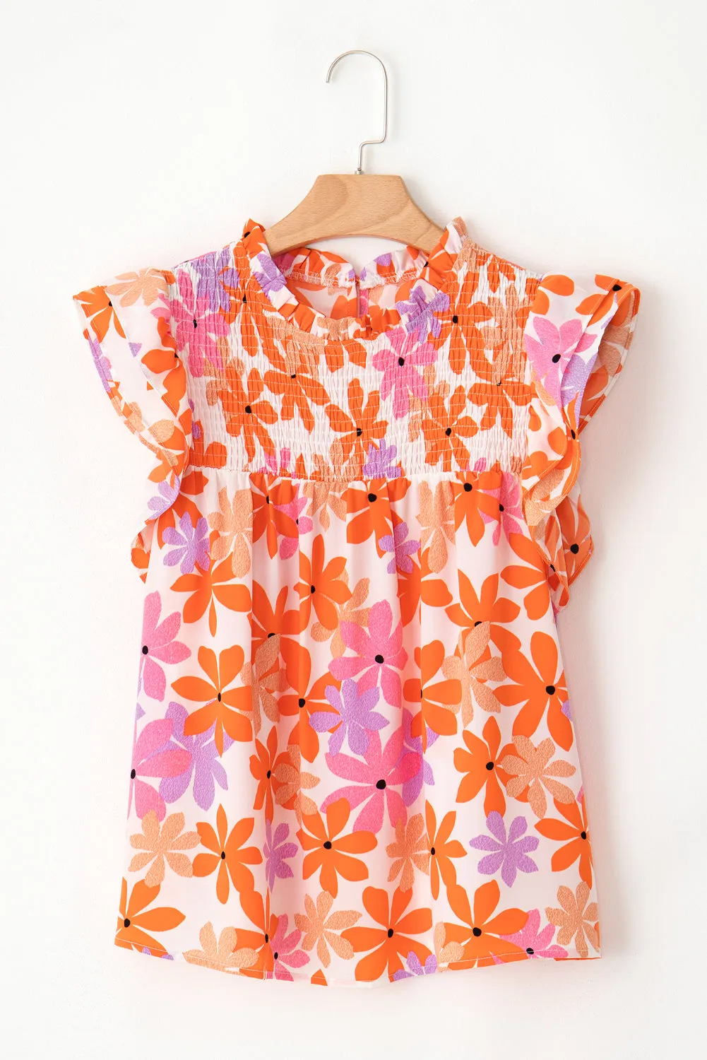 Orange Ruffled Sleeve Smocked Floral Top