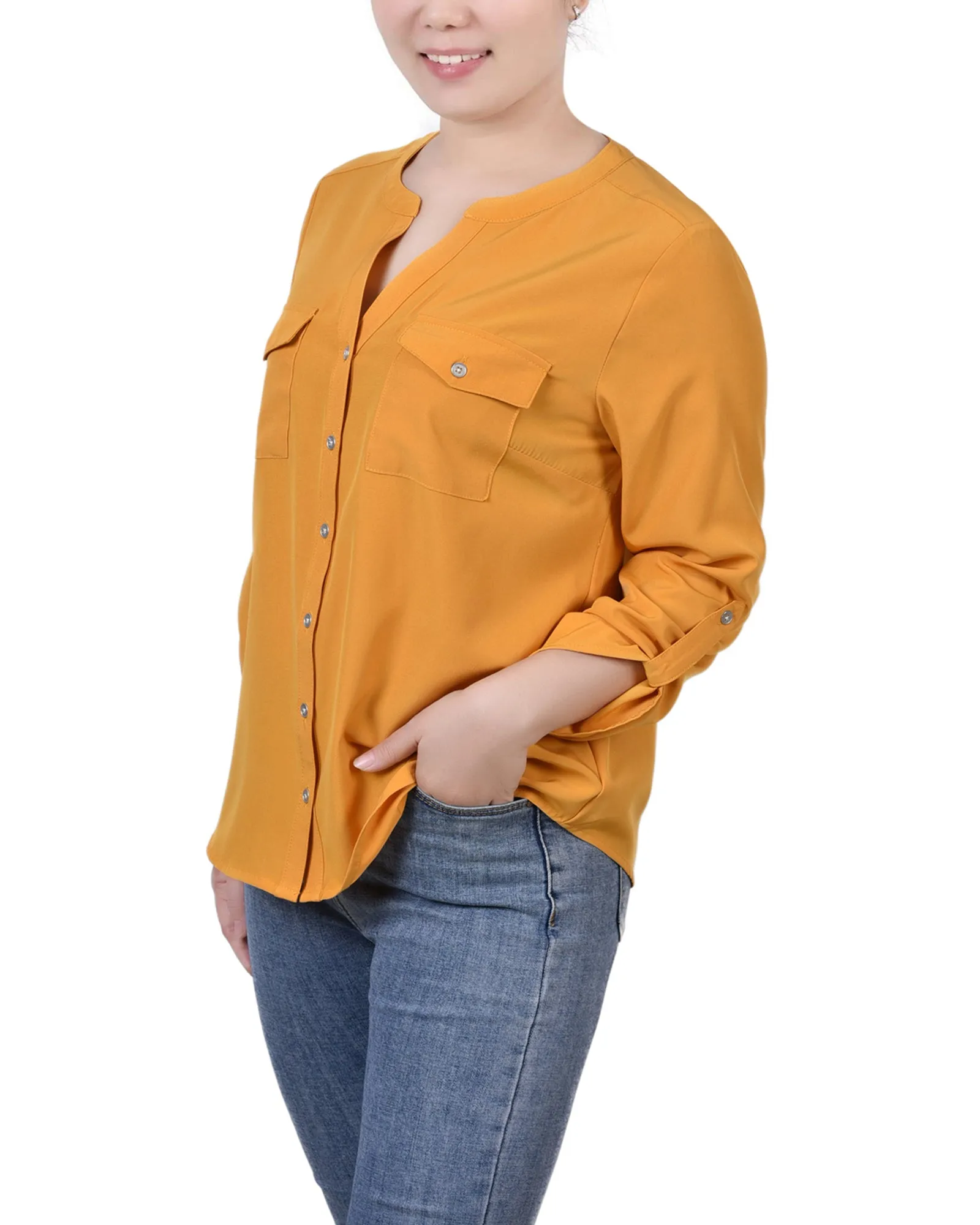 Petite 3/4 Roll Tab Sleeve Mandarin Collar Blouse