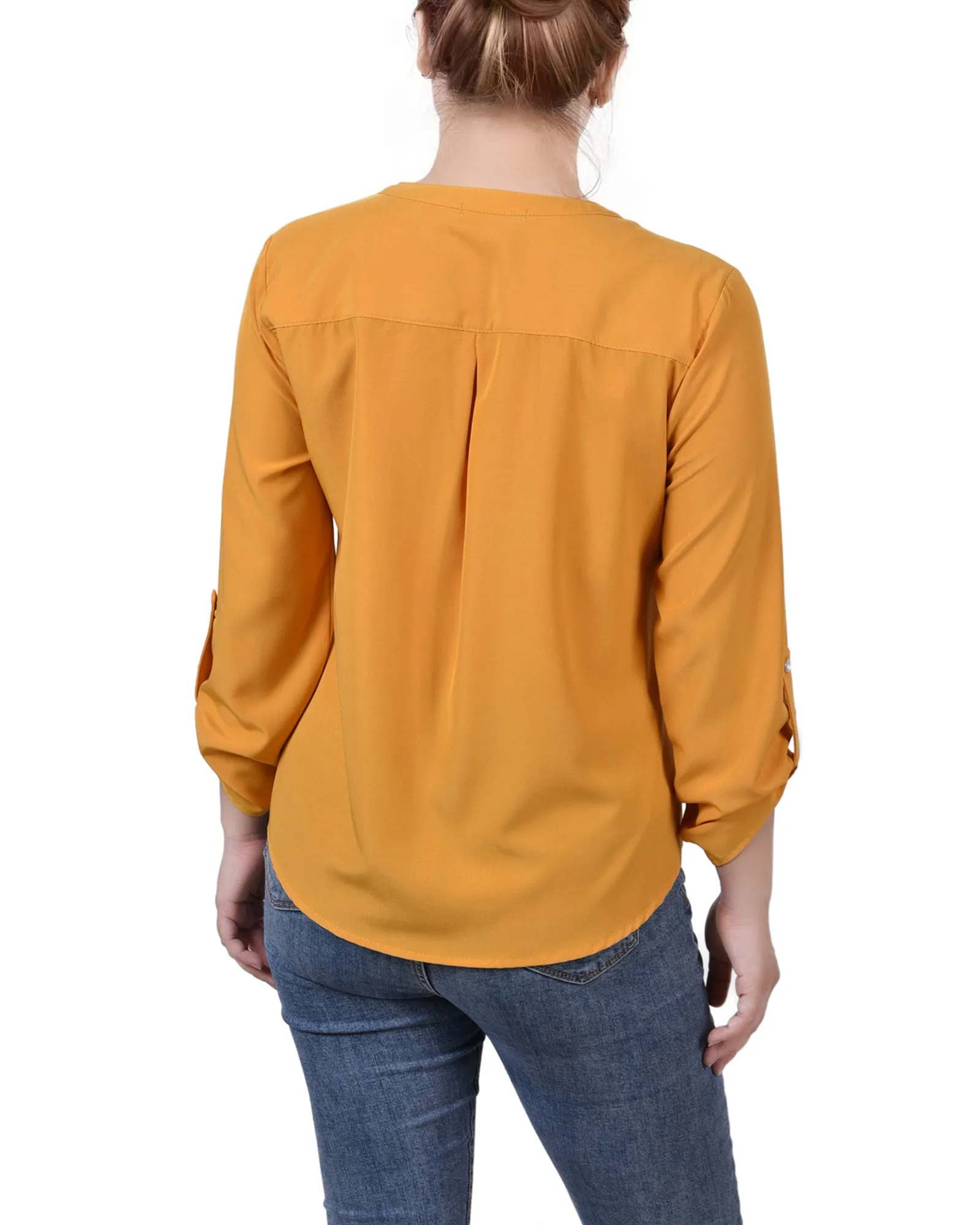 Petite 3/4 Roll Tab Sleeve Mandarin Collar Blouse