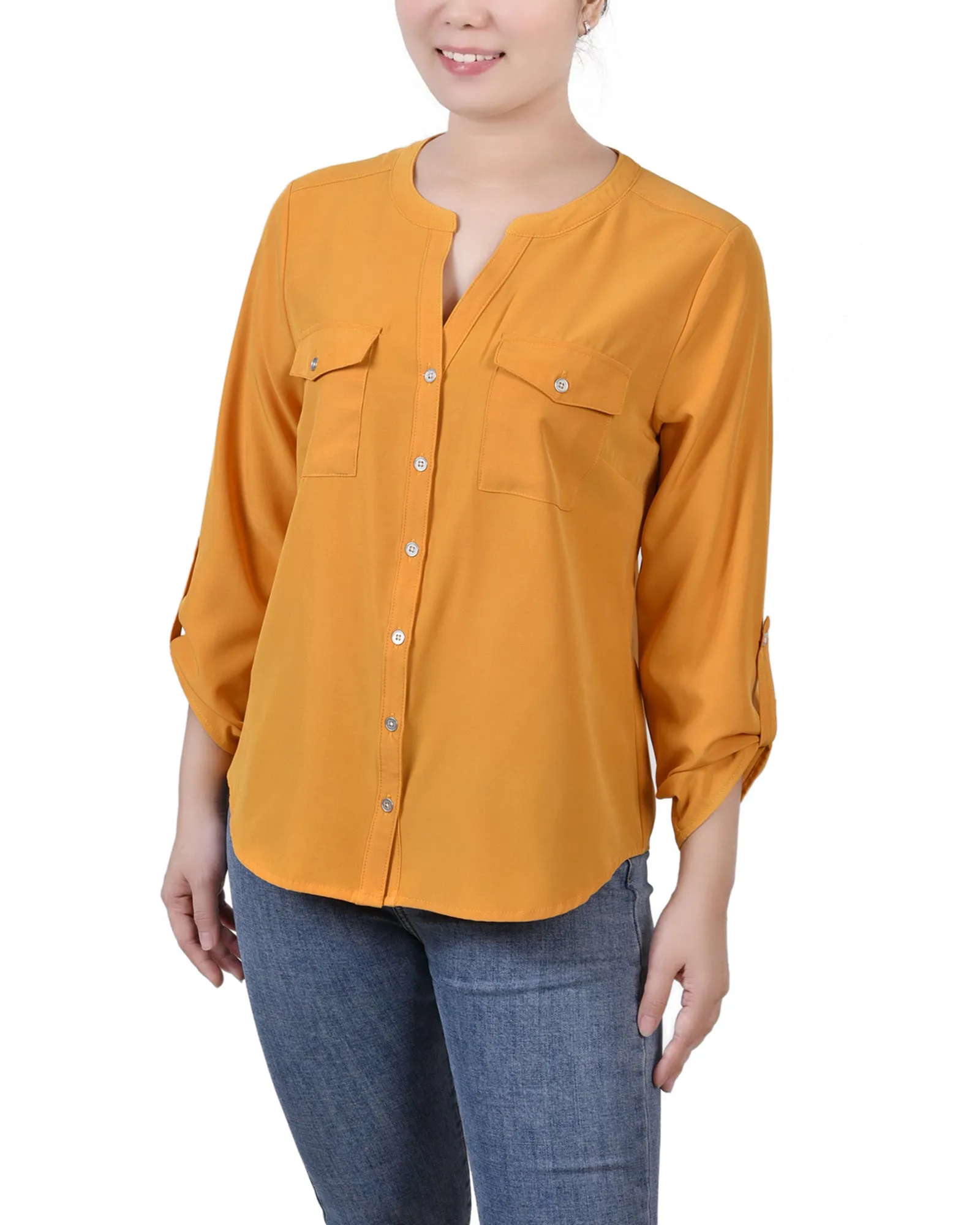 Petite 3/4 Roll Tab Sleeve Mandarin Collar Blouse