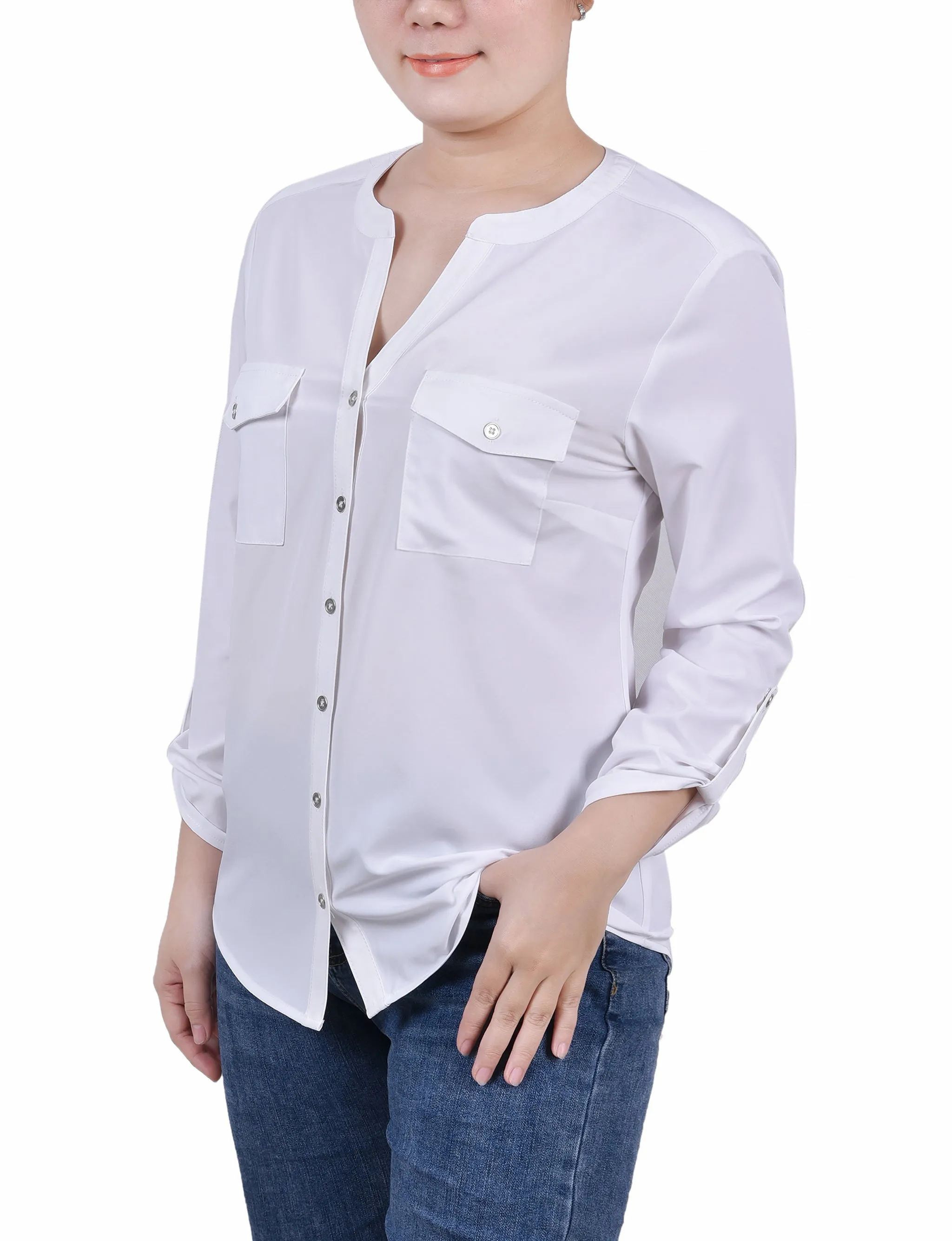 Petite 3/4 Roll Tab Sleeve Mandarin Collar Blouse