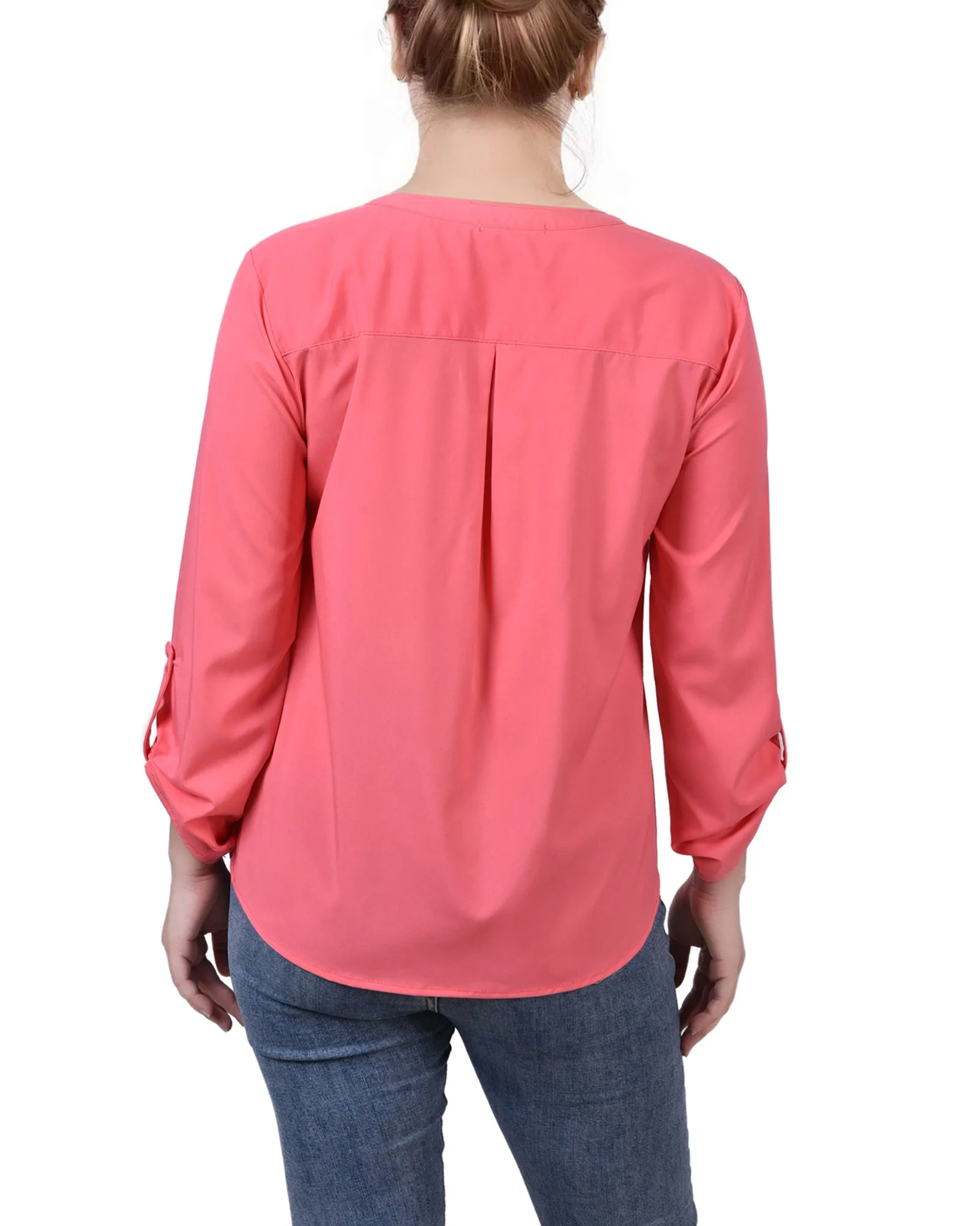 Petite 3/4 Roll Tab Sleeve Mandarin Collar Blouse