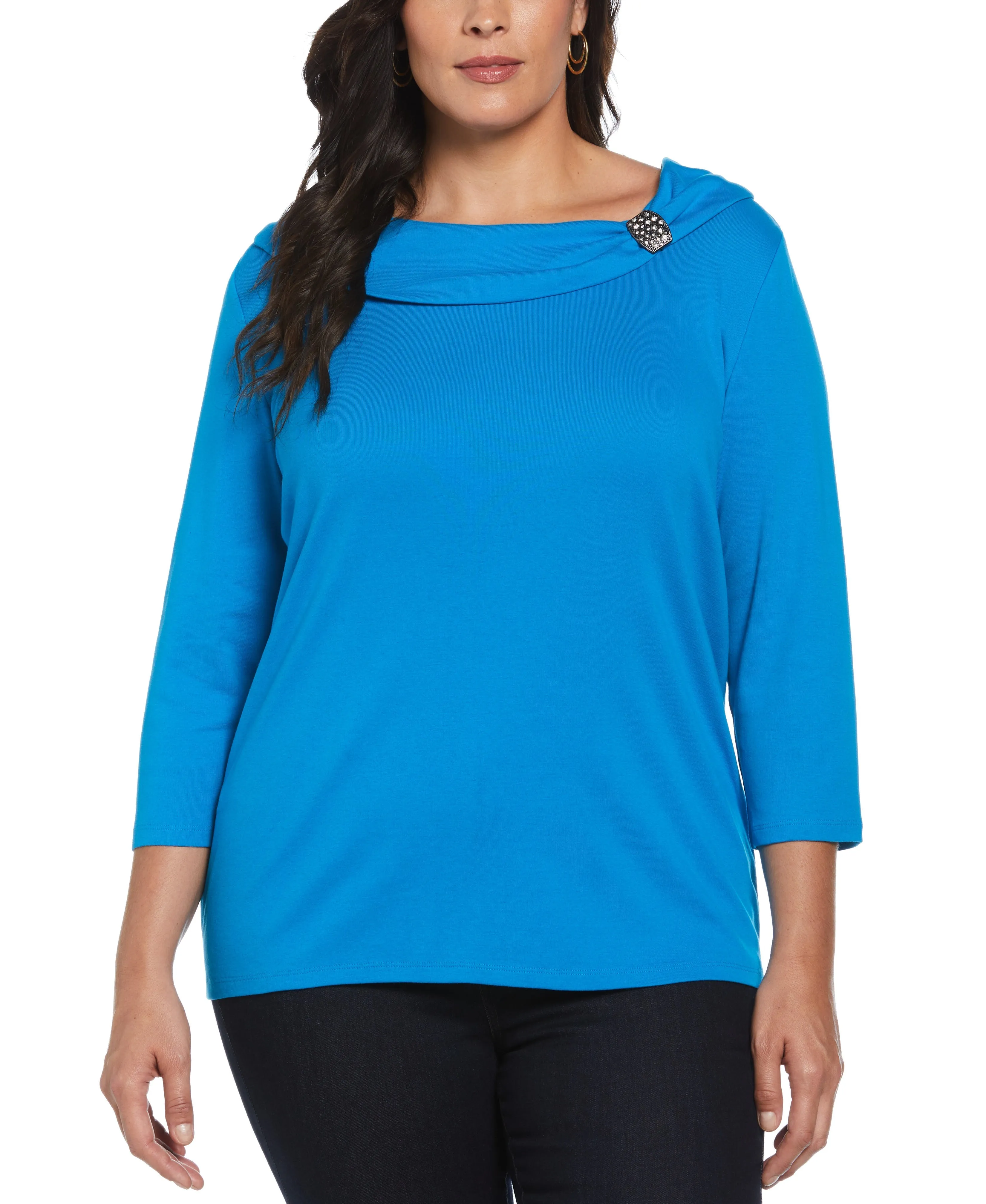 Plus Size Ribbed Marilyn Neck Top with Decorative Brooch