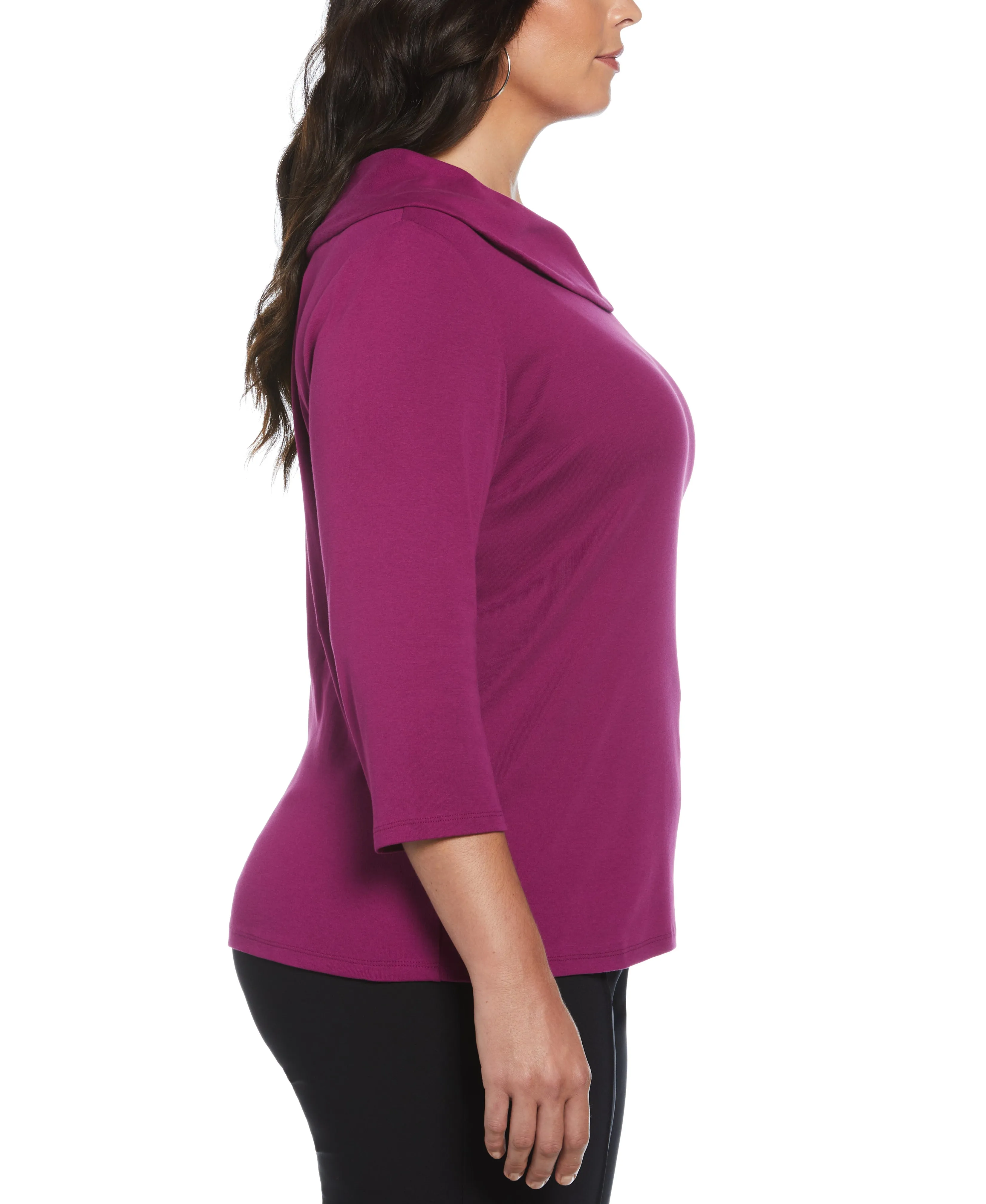 Plus Size Ribbed Marilyn Neck Top with Decorative Brooch