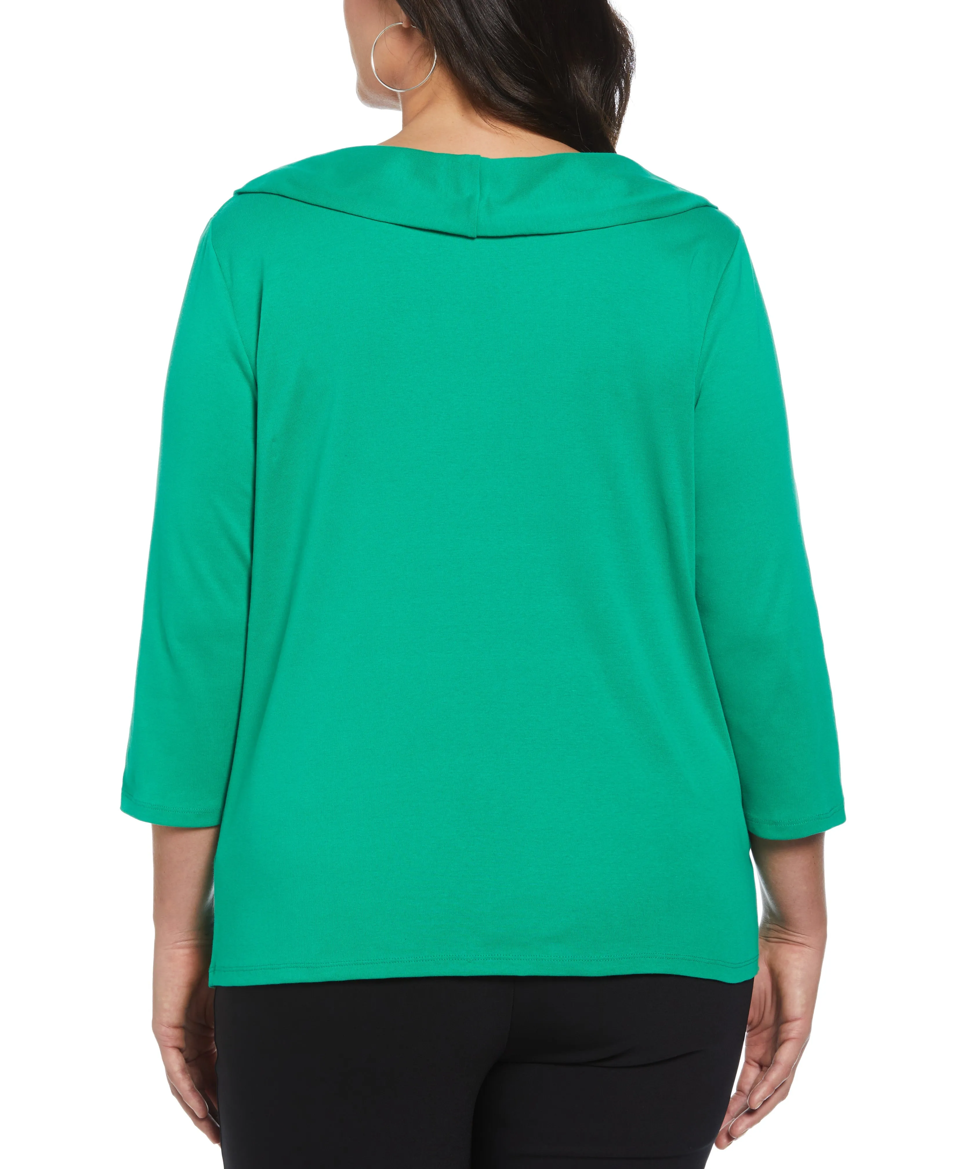 Plus Size Ribbed Marilyn Neck Top with Decorative Brooch