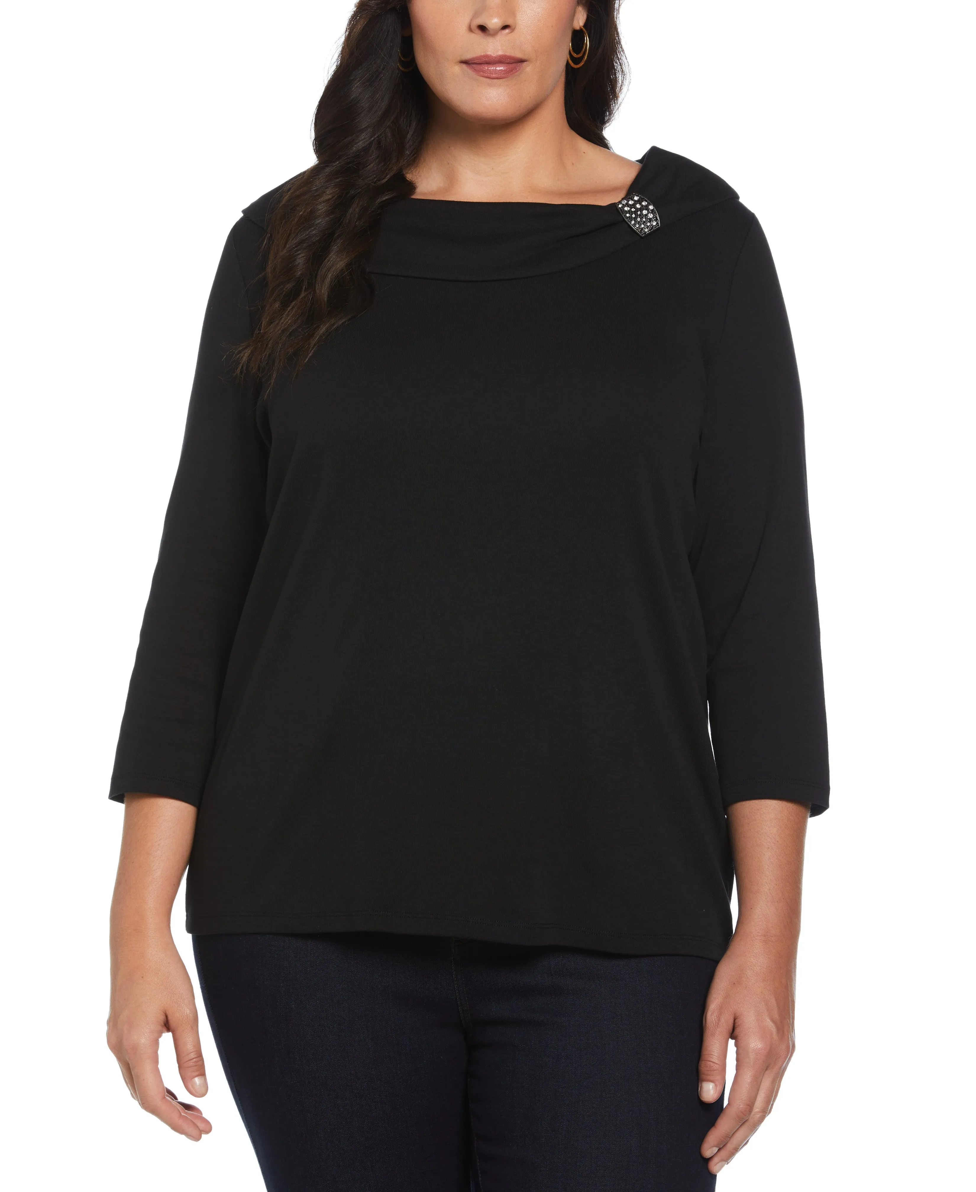 Plus Size Ribbed Marilyn Neck Top with Decorative Brooch