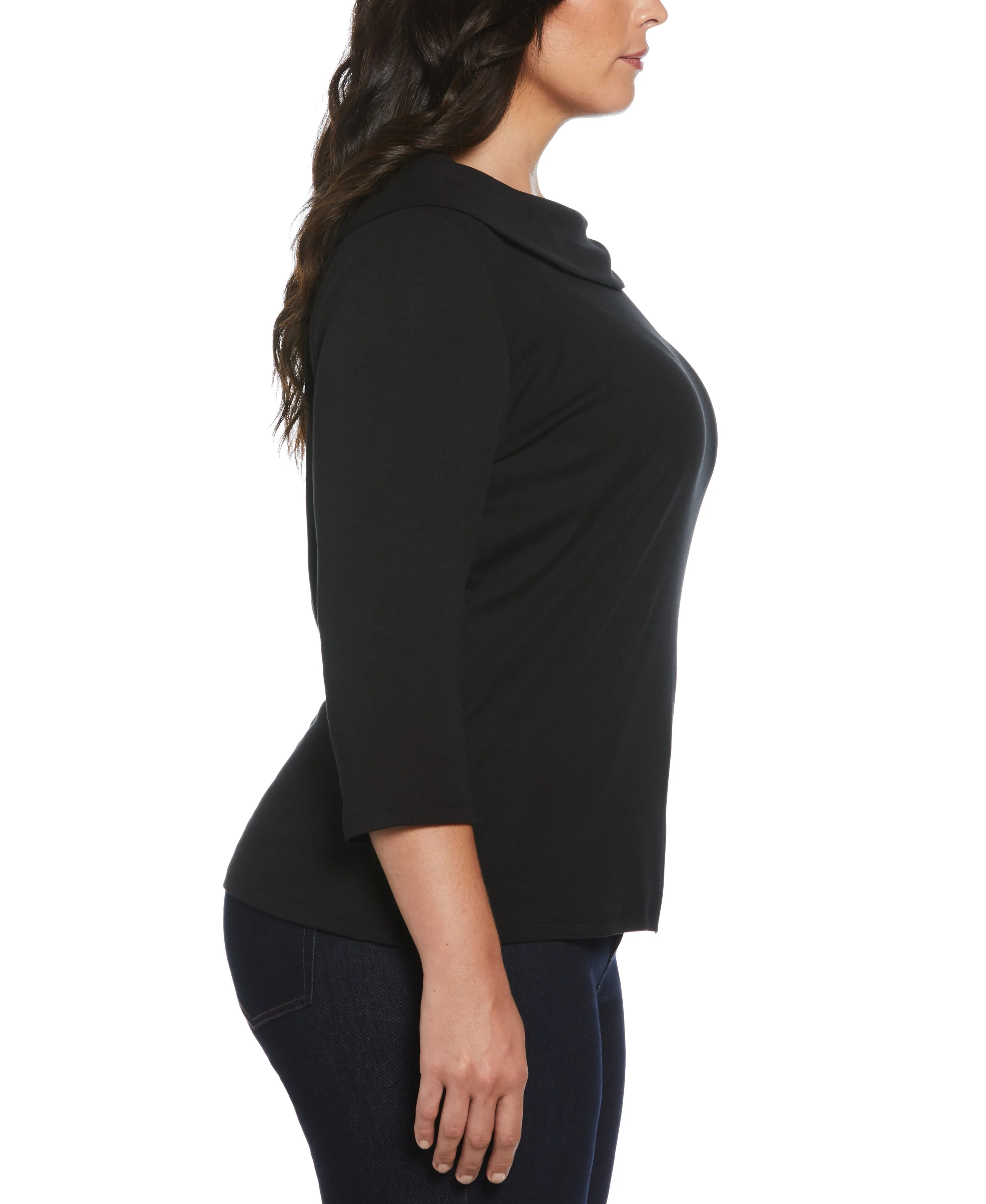 Plus Size Ribbed Marilyn Neck Top with Decorative Brooch