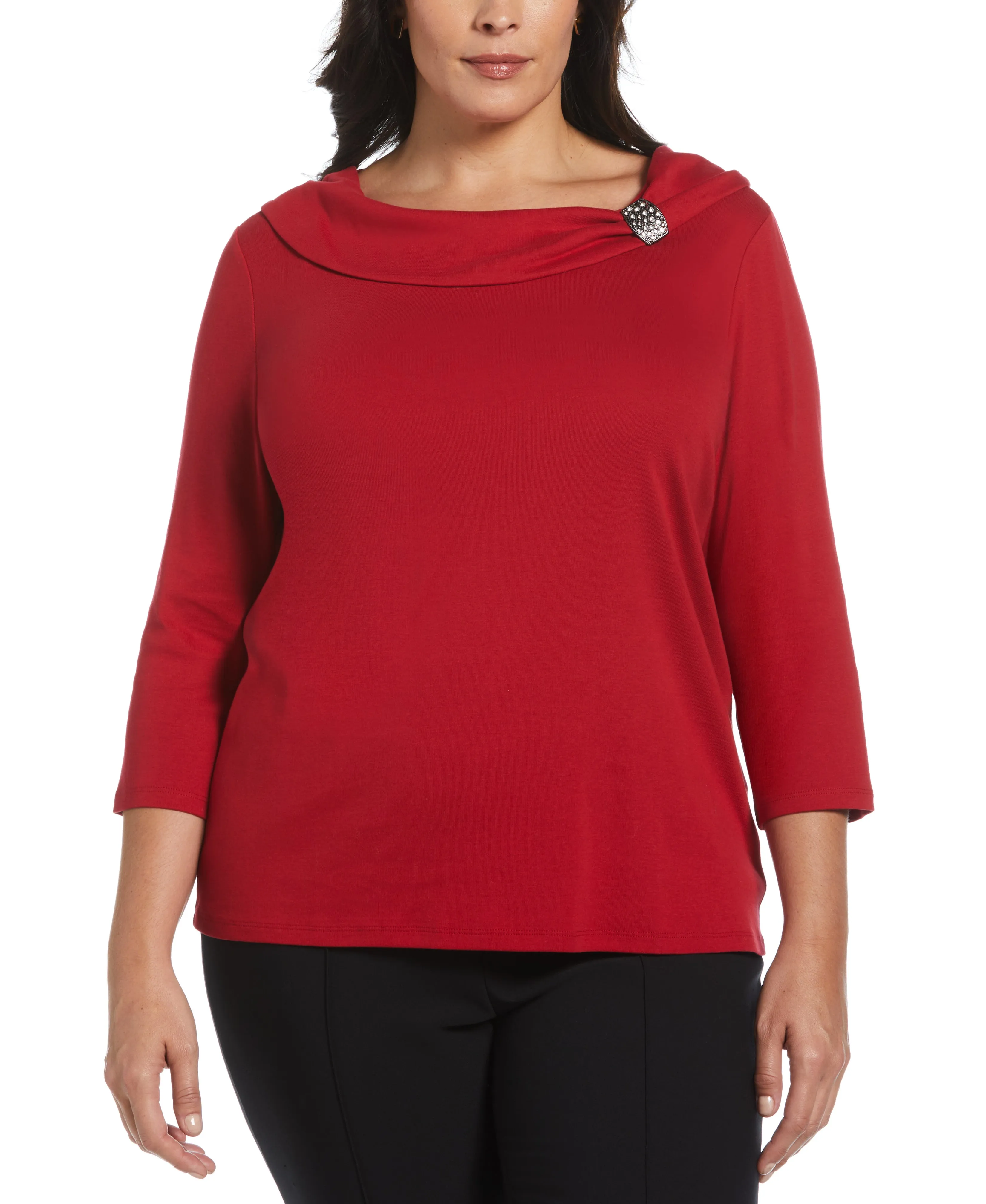 Plus Size Ribbed Marilyn Neck Top with Decorative Brooch