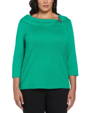 Plus Size Ribbed Marilyn Neck Top with Decorative Brooch