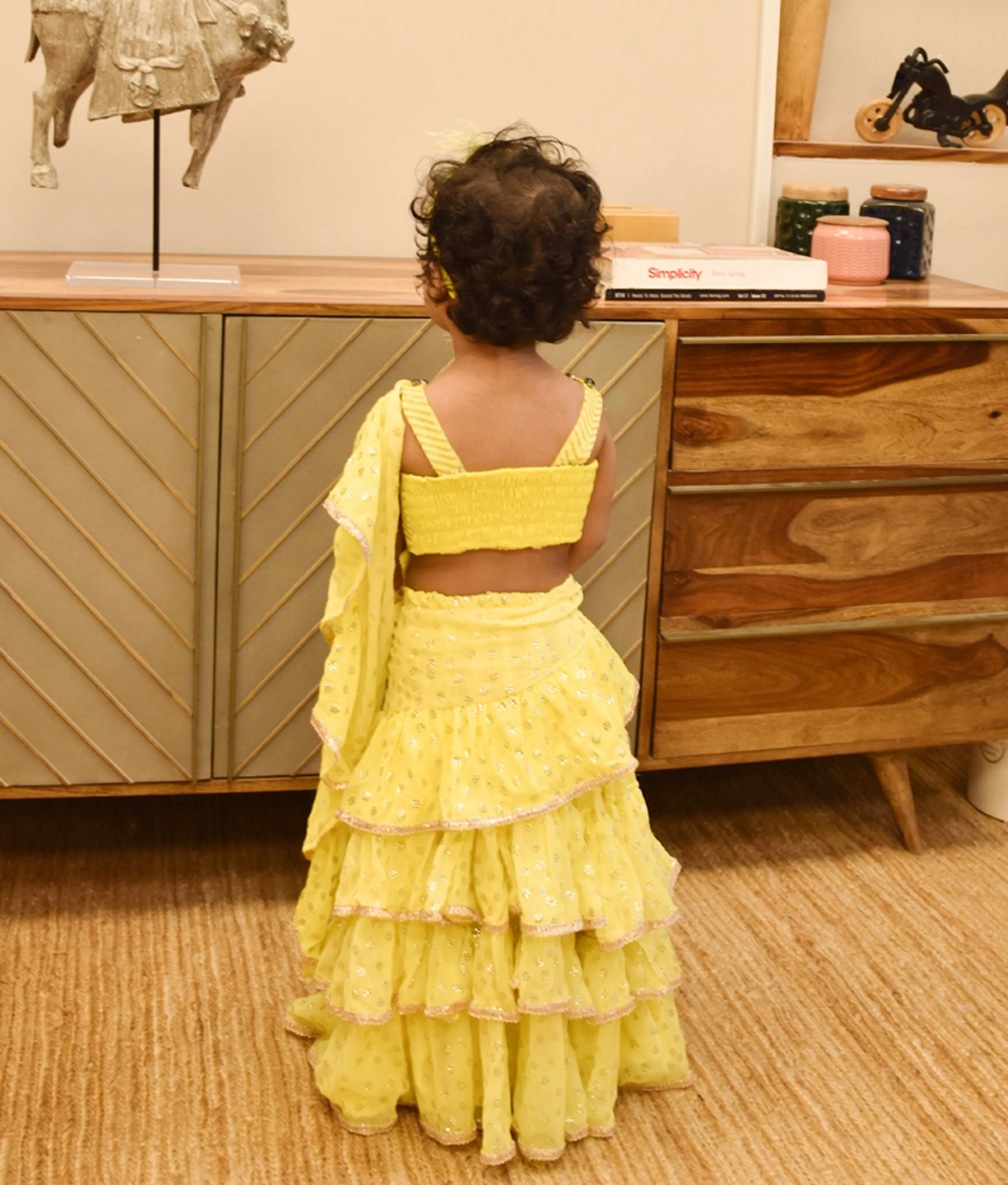 Pre-Order - Yellow Sequin Foil Printed Saree for Girls