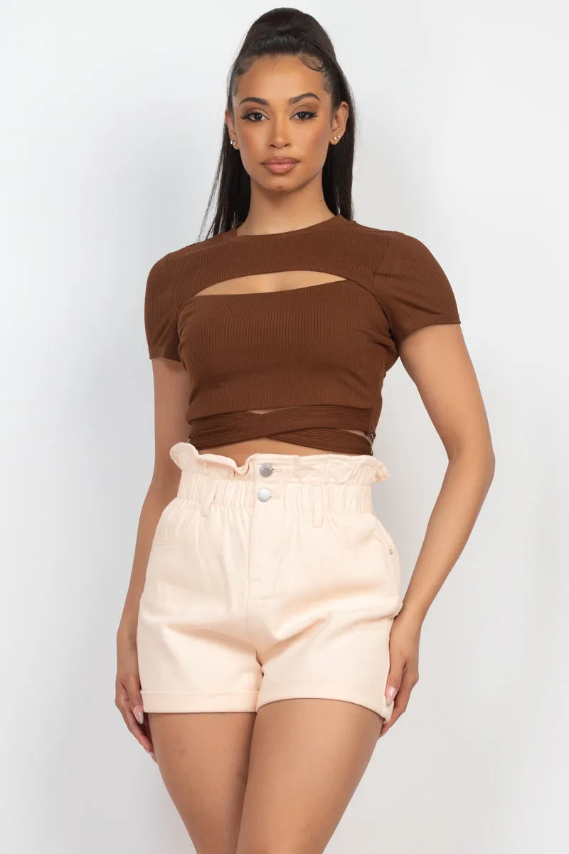 Self-tie Ribbon Front Cutout Crop Top