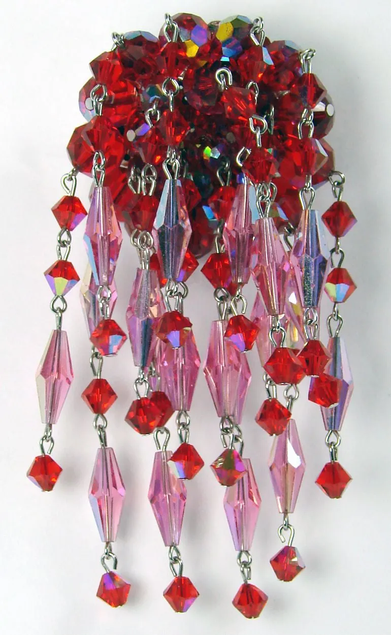 Sherman Red & Pink Crystal Brooch Dangling Waterfall