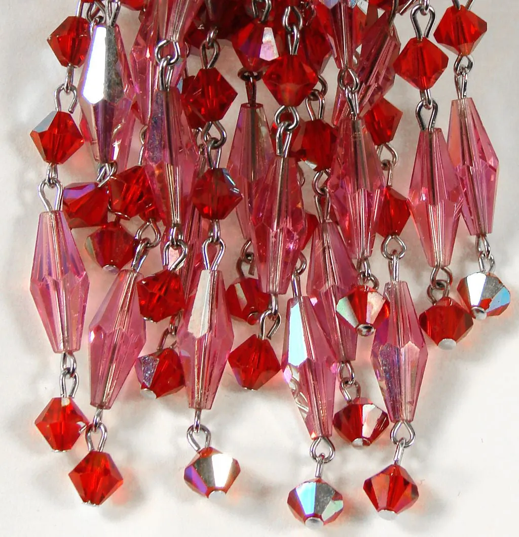 Sherman Red & Pink Crystal Brooch Dangling Waterfall