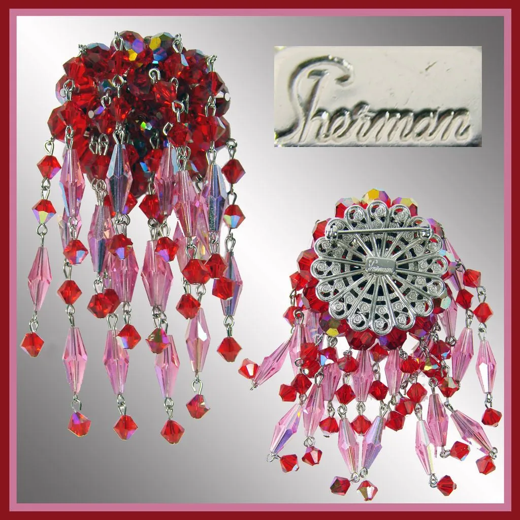 Sherman Red & Pink Crystal Brooch Dangling Waterfall