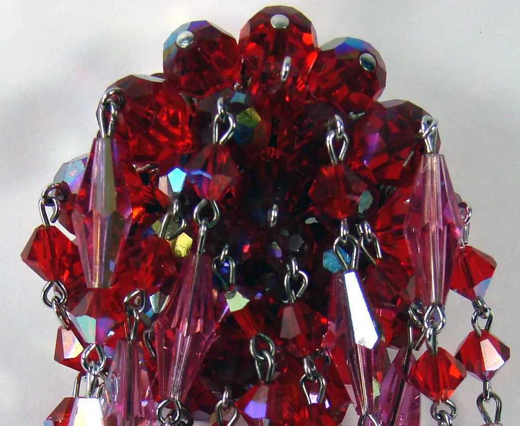 Sherman Red & Pink Crystal Brooch Dangling Waterfall