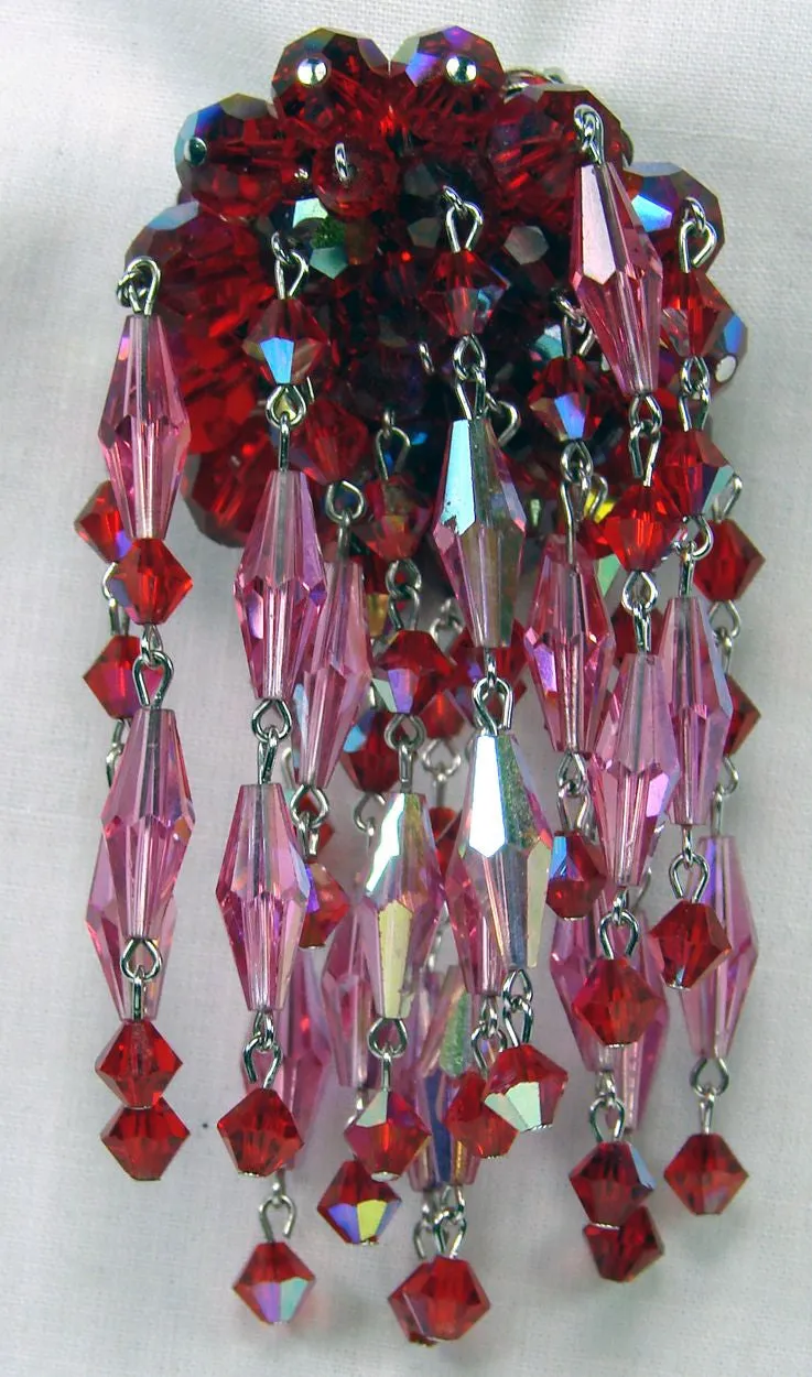 Sherman Red & Pink Crystal Brooch Dangling Waterfall