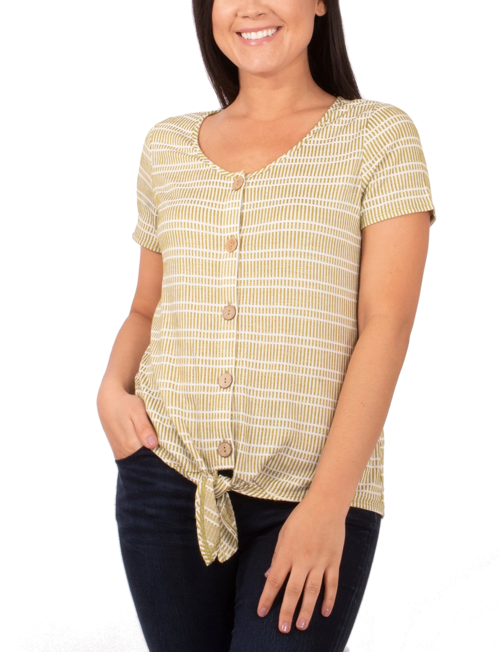 Short Sleeve Button Front Top With Tie At Hem