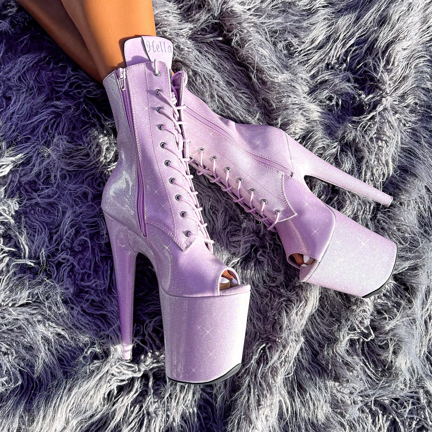 The Glitterati Open Toe Boot - Lilac Lovers - 8 INCH