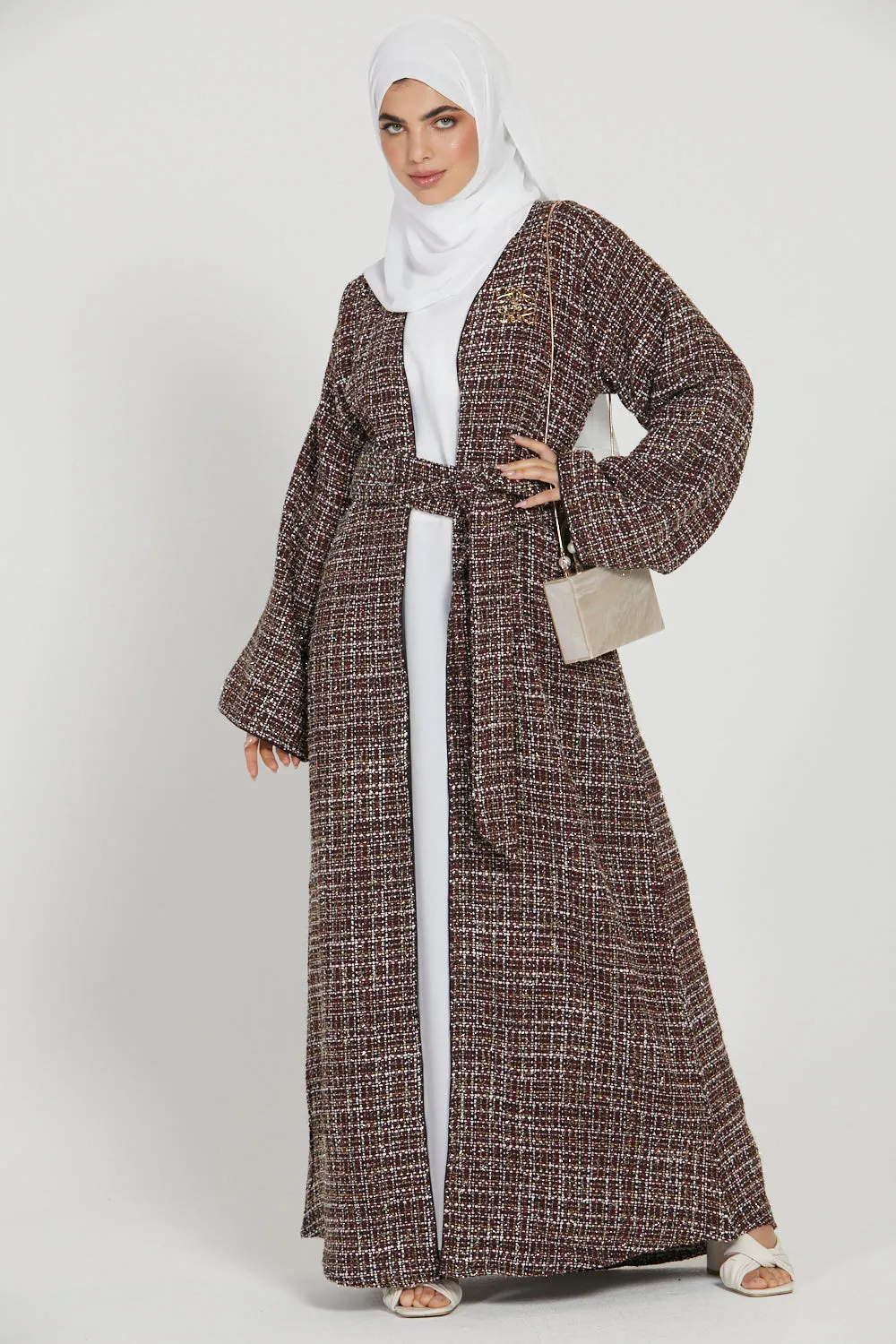 Tweed Open Jacket Abaya - Maroon - LIMITED EDITION