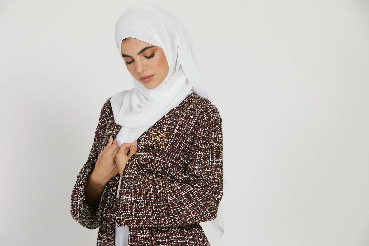 Tweed Open Jacket Abaya - Maroon - LIMITED EDITION