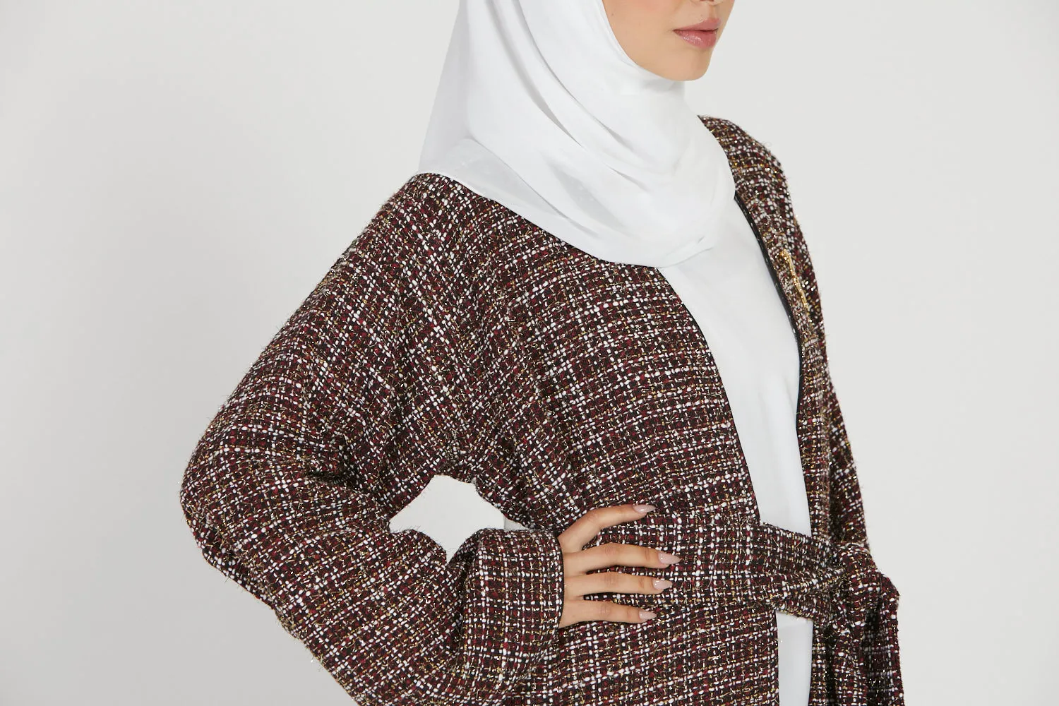 Tweed Open Jacket Abaya - Maroon - LIMITED EDITION