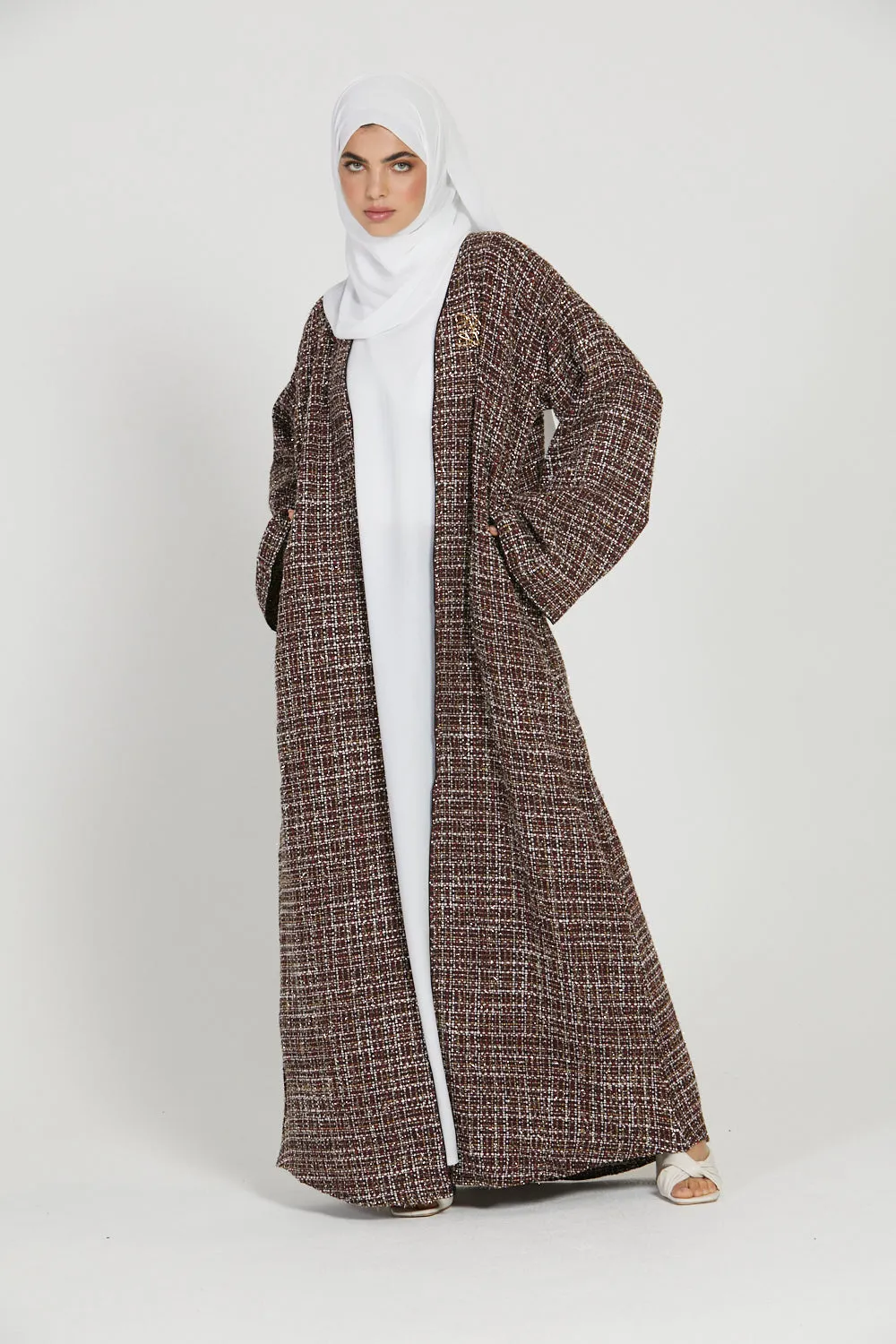 Tweed Open Jacket Abaya - Maroon - LIMITED EDITION